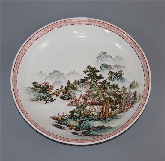 A Chinese Republic period enamelled porcelain landscape dish diameter 30.5cm